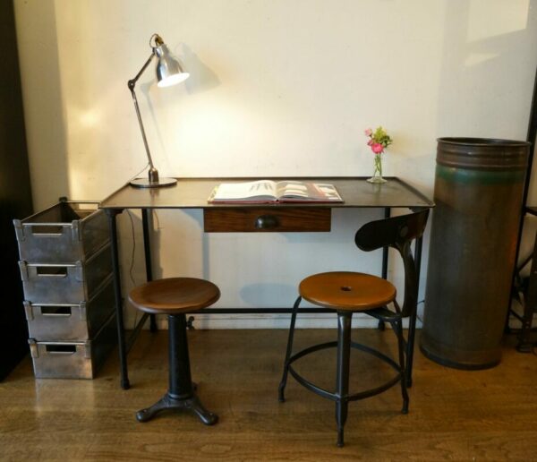 Nicolle char, singer stool and old industrial desk