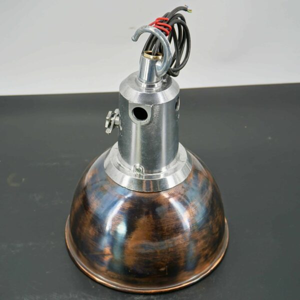 Lampe suspension Holophane vintage en cuivre, aluminium et verre