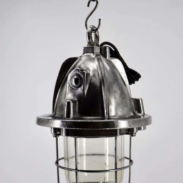Vintage industrial lamp in cast aluminium with grid and glass