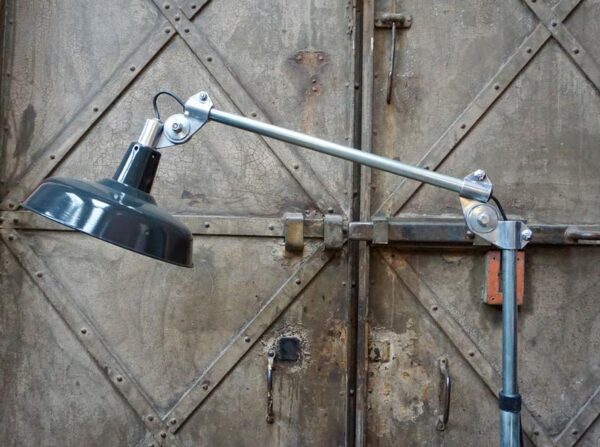 OLD GARAGE LAMP WITH ENAMELED SHEET METAL GLOBE