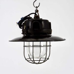 Lampe industrielle ancienne avec tôle émaillée et grille