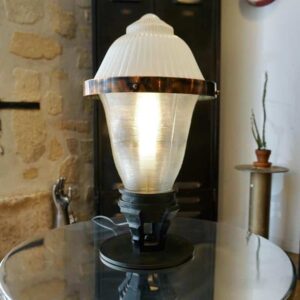 Lampe industrielle Holophane en cuivre et verre