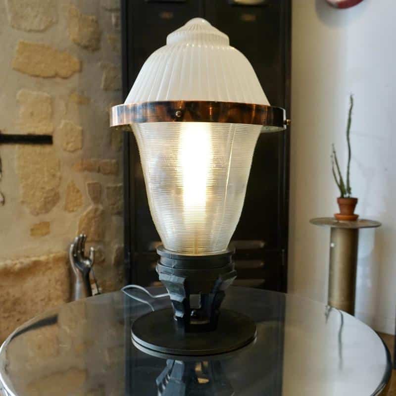Lampe industrielle Holophane en cuivre et verre