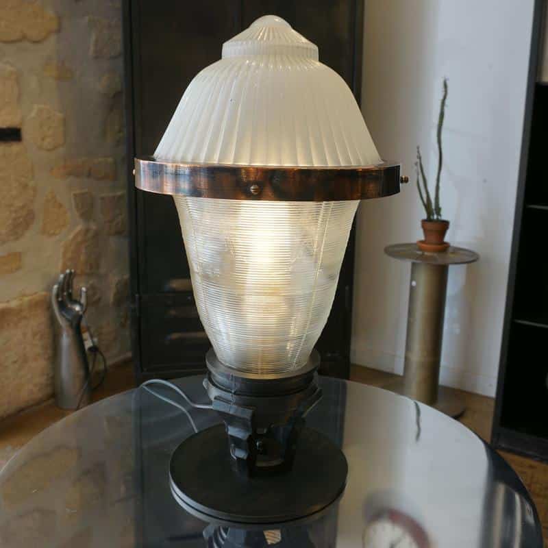 Industrial Holophane lamp in copper and glass
