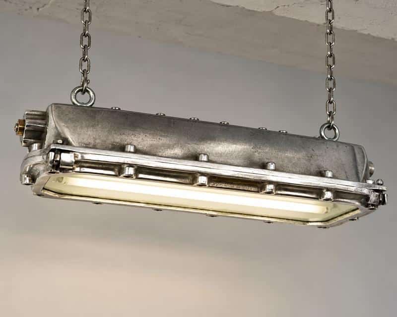 Antique-style French industrial hanging light by MAPELEC, suspended on two metal chains with original glass and aluminium housing.