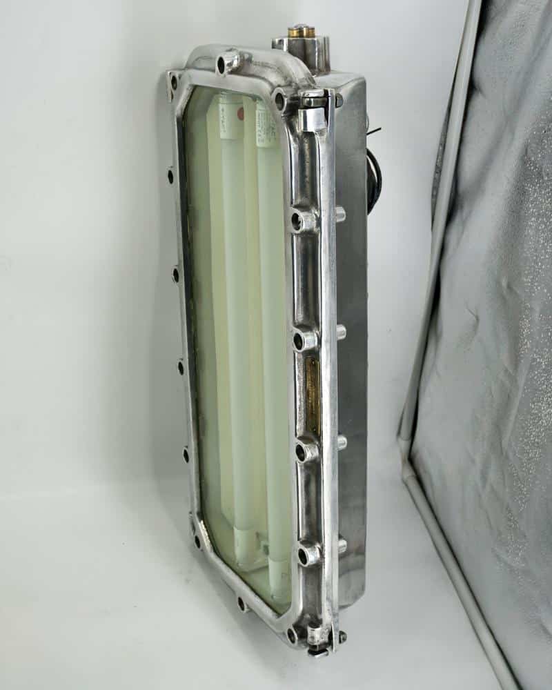 French vintage factory light, MAPELEC ADF industrial fluorescent ceiling lamp with solid aluminium body and glass diffuser.