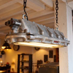 Lampe industrielle ancienne MAPELEC ADF extra-plate, en fonte d’aluminium et verre épais, avec deux tubes LED type fluorescent.