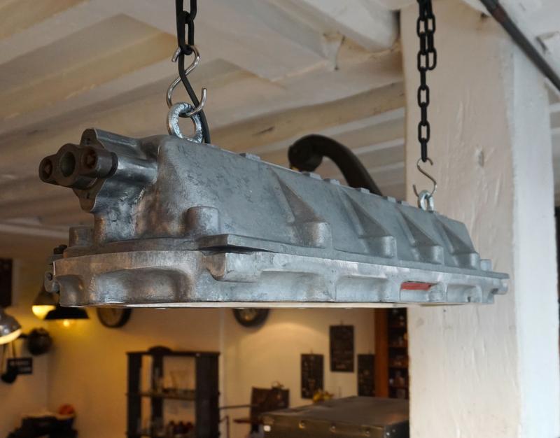Vintage MAPELEC ADF industrial light fixture with a low-profile cast aluminium housing, thick glass cover and twin LED fluorescent-style tubes.