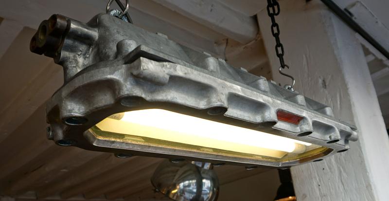 Original French industrial lighting by MAPELEC, heavy-duty explosion-proof fixture with protective glass and cast aluminium casing, fitted with twin LED neon-style tubes.