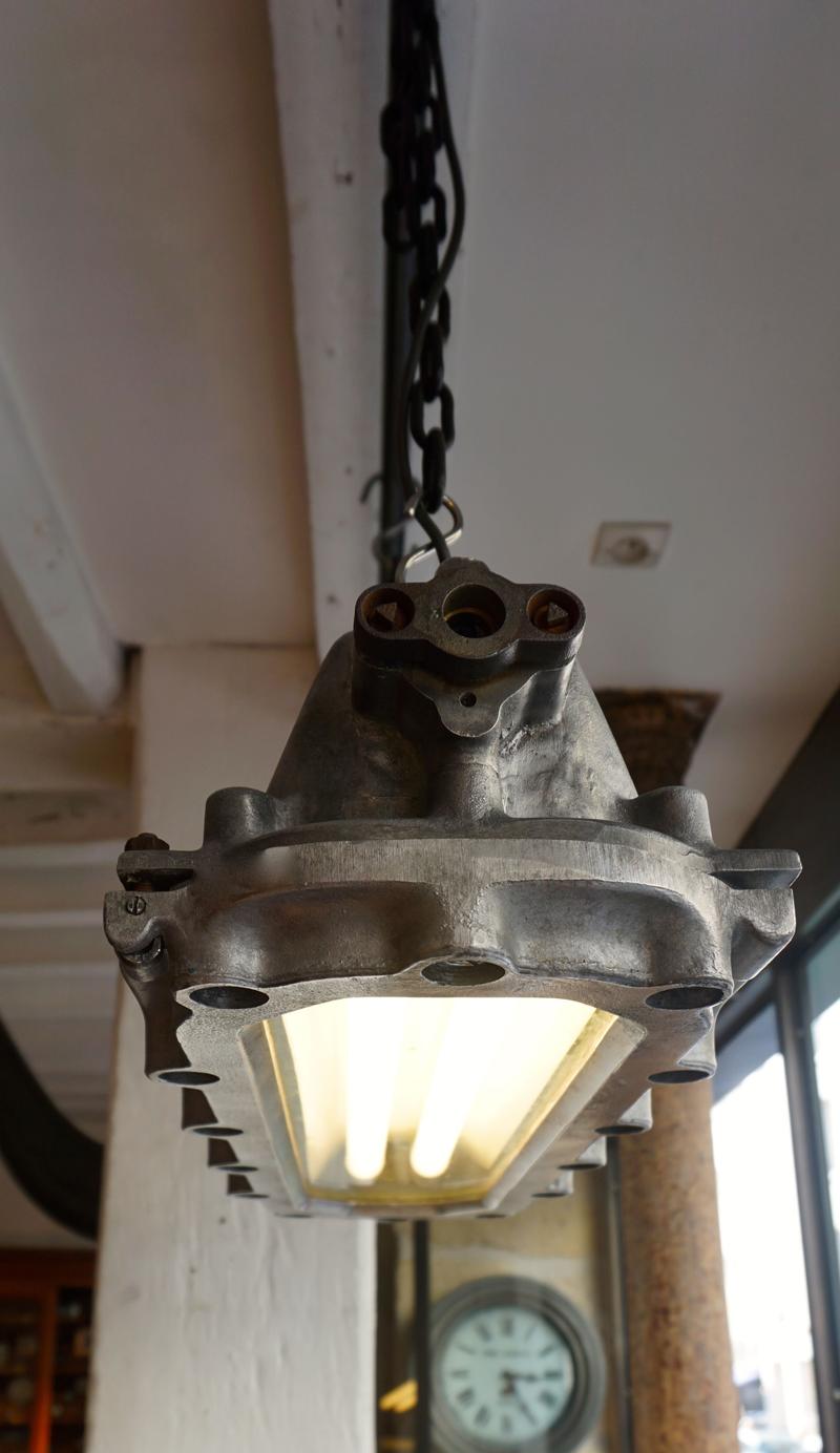 French vintage factory light, MAPELEC ADF industrial fluorescent-style ceiling lamp with solid cast aluminium body, glass diffuser and twin LED tubes.
